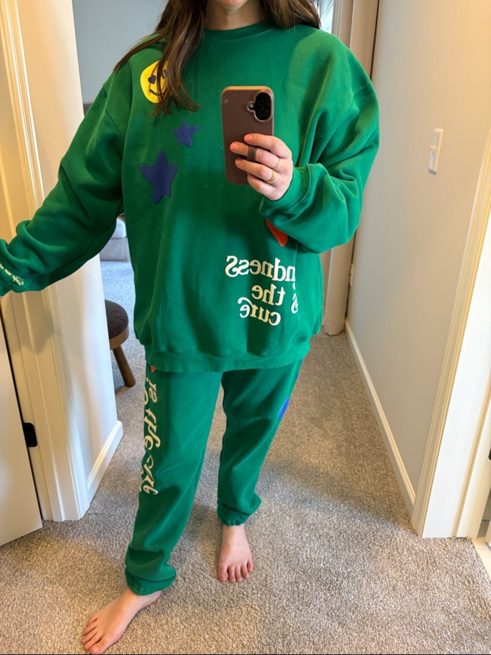 Green Graphic Joggers and sweatshirt set with Flame Heart Detail